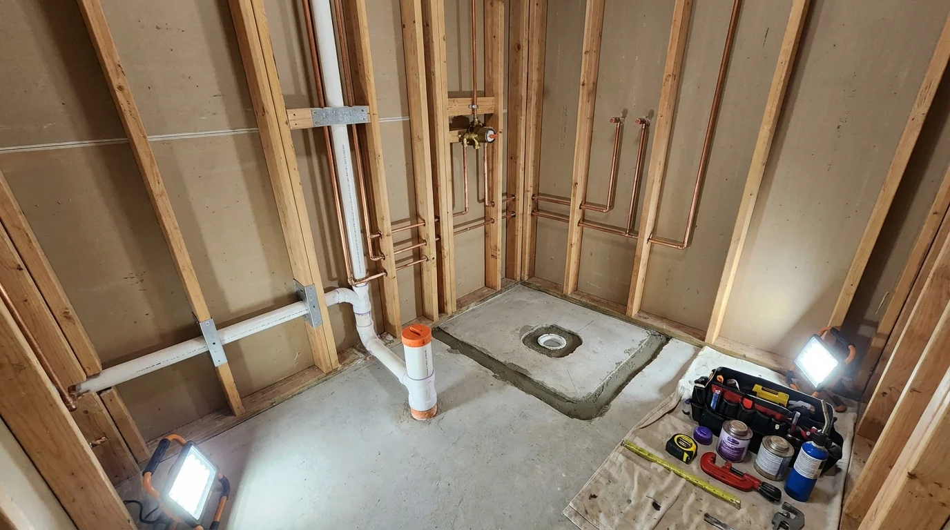 Bathroom rough-in plumbing during remodel by Johns Plumbing LLC in Parsonsfield
