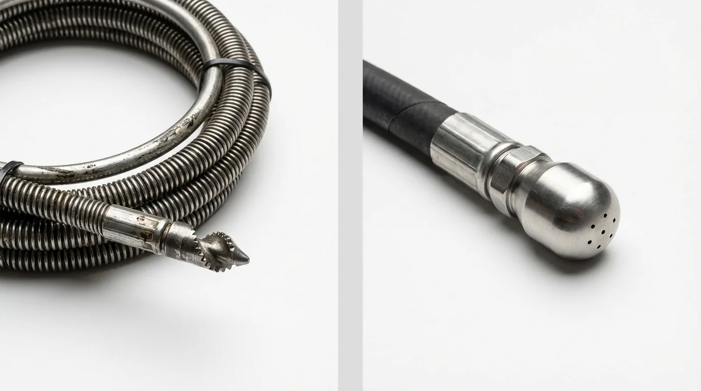 Drain snake cable and hydro jetting nozzle used for drain cleaning in Parsonsfield, ME