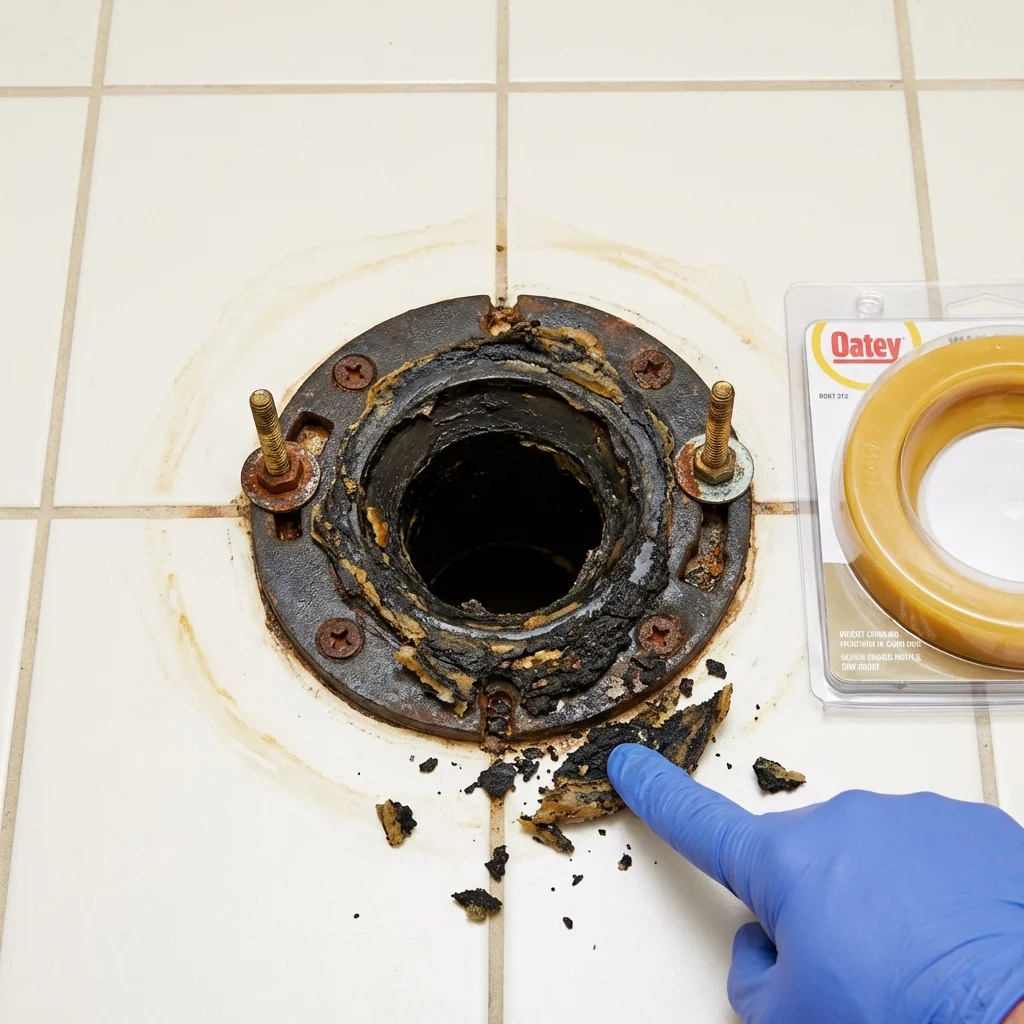 Failed wax ring showing water seepage at the base of a toilet in a Parsonsfield, ME home