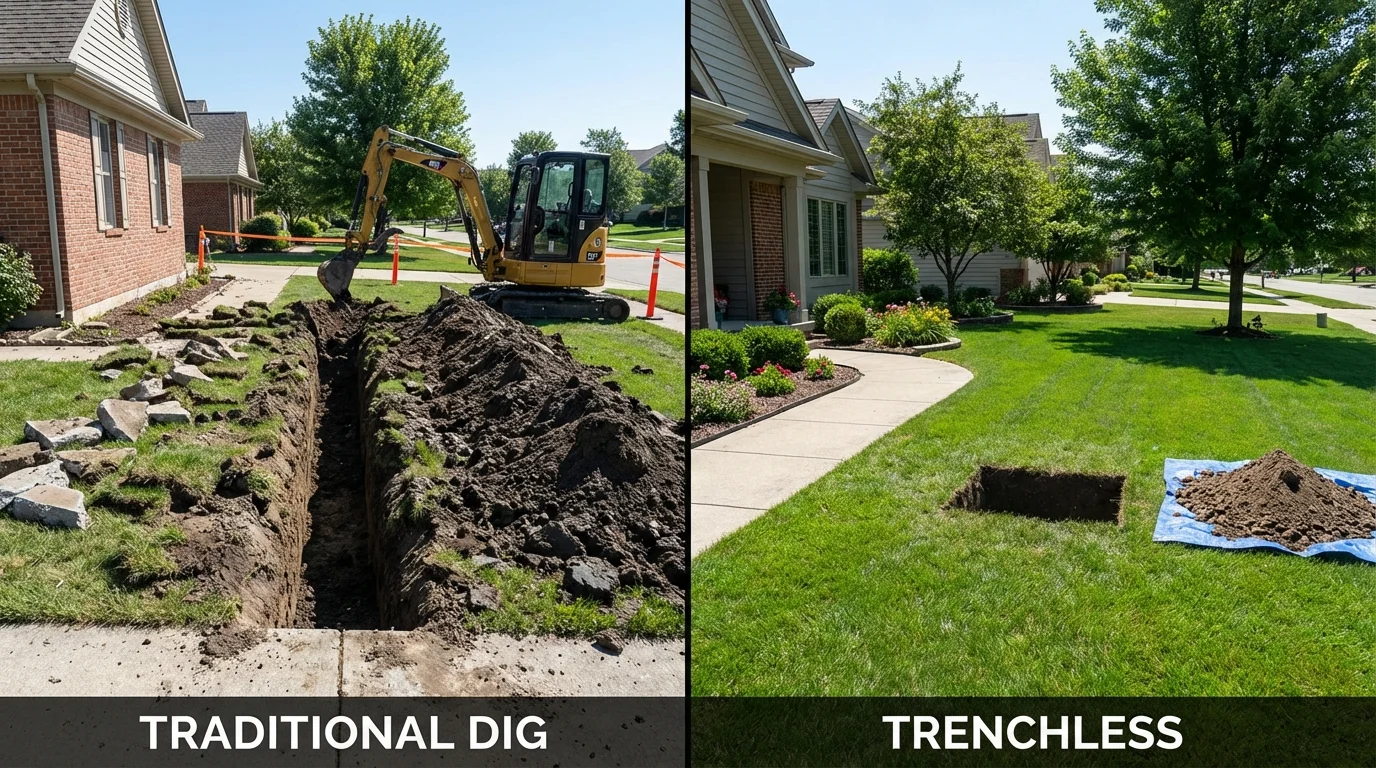 Trenchless sewer repair with minimal yard damage versus traditional excavation in Parsonsfield, ME
