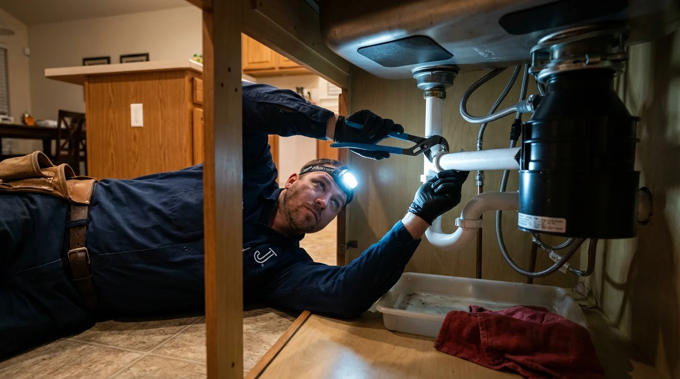 P-trap and supply line connections under a kitchen sink showing a common leak point in Parsonsfield, ME